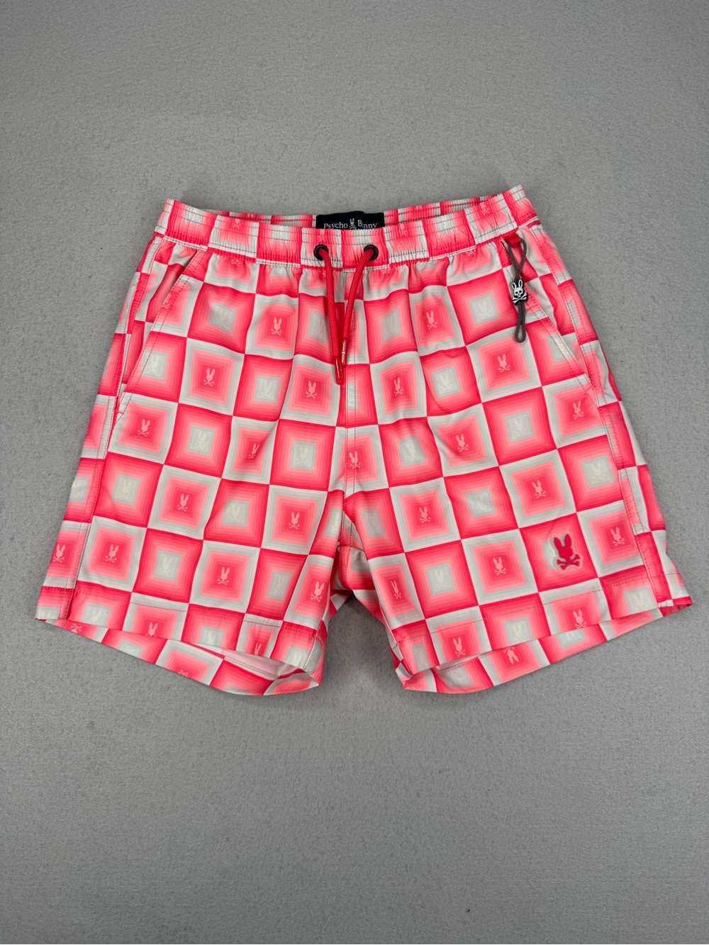 Psycho Bunny Pink/Coral Geo Print Swim Trunks Boys 10/12 BOW399B2SW
